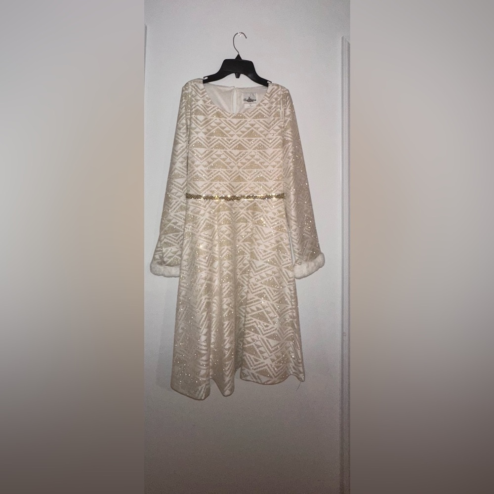 White and gold long sleeve formal dress